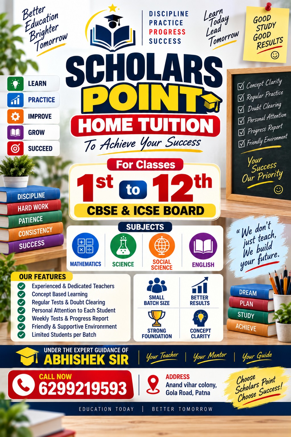 Scholars Point Home Tuition promotional poster featuring Abhishek Sir and contact details